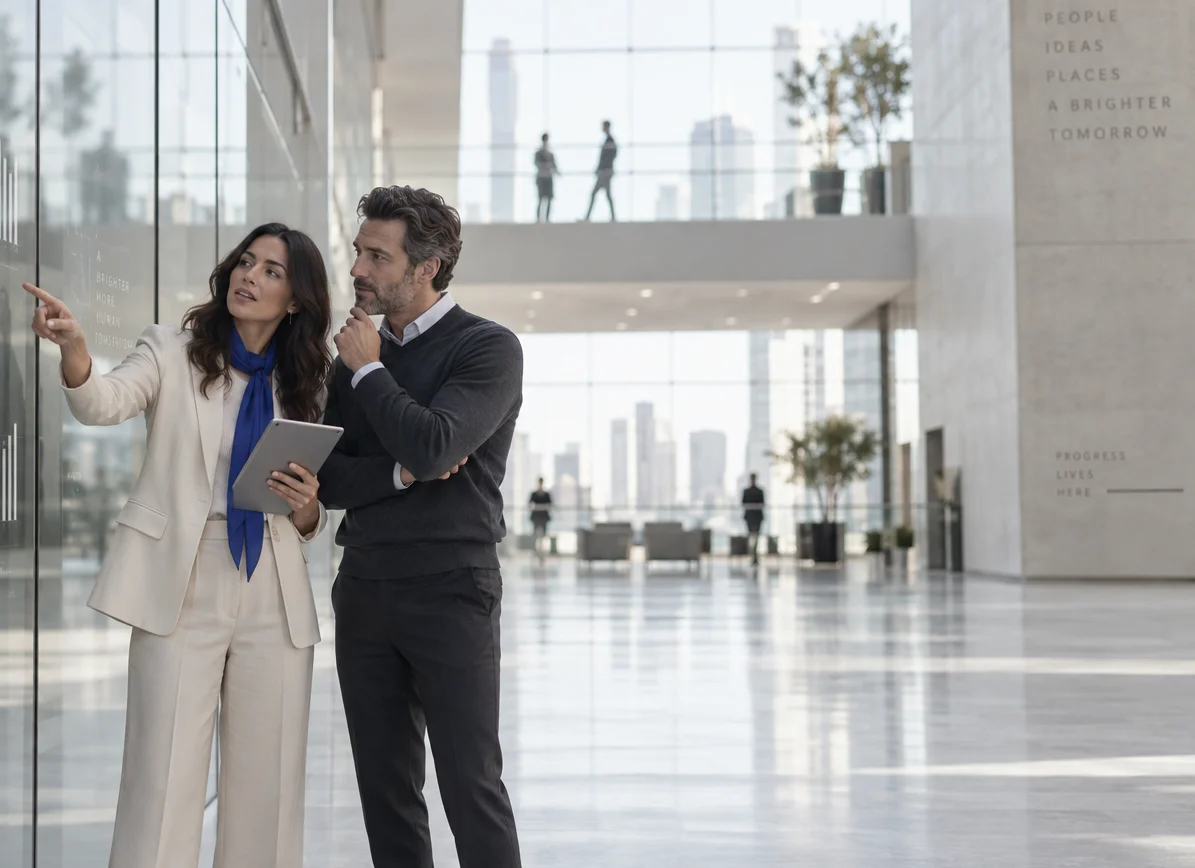Casino operator and retail manager reviewing market insights data