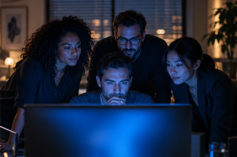 Team reviewing market insights data on a screen