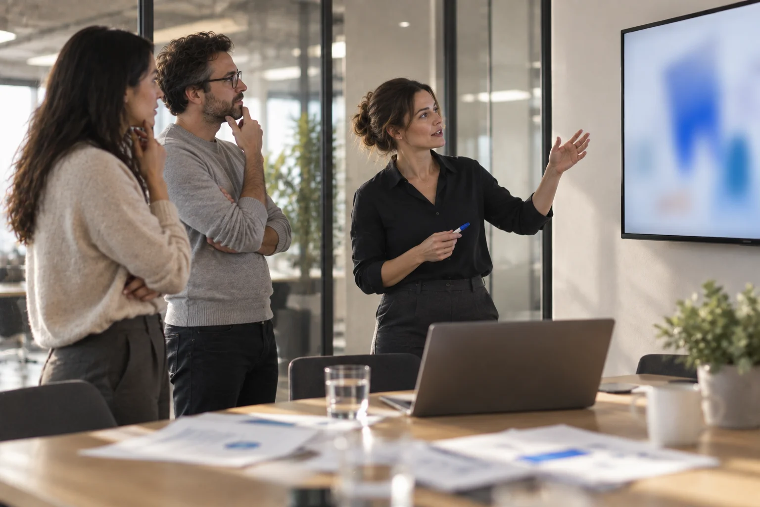 Retail team discussing pricing and assortment charts in a meeting