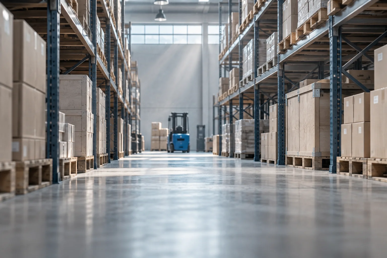 Warehouse shelves showing retail inventory and stock levels